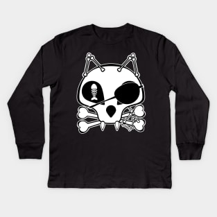 Kawaii Pirate Cat Skull and Cross Bones, Halloween Kids Long Sleeve T-Shirt